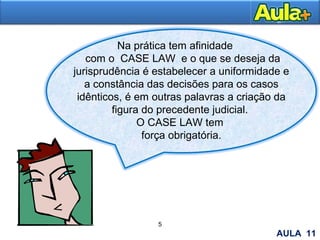 Moral
6
5
Na prática tem afinidade
com o CASE LAW e o que se deseja da
jurisprudência é estabelecer a uniformidade e
a constância das decisões para os casos
idênticos, é em outras palavras a criação da
figura do precedente judicial.
O CASE LAW tem
força obrigatória.
AULA 11
 