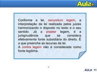 8
7
Conforme a lei, secundum legem, a
interpretação da lei realizada pelos juizes
harmonizando o disposto no texto e o seu
sentido. Já a praeter legem, é a
jurisprudência que se considera
efetivamente fonte subsidiária do direito. É
a que preenche as lacunas da lei.
A contra legem não é considerada como
fonte legítima.
AULA 11
 