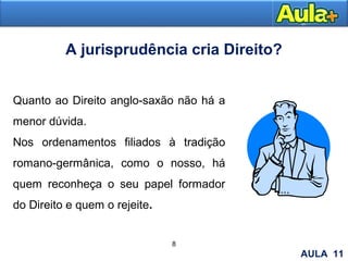 8
AULA 1
A jurisprudência cria Direito?
Quanto ao Direito anglo-saxão não há a
menor dúvida.
Nos ordenamentos filiados à tradição
romano-germânica, como o nosso, há
quem reconheça o seu papel formador
do Direito e quem o rejeite.
AULA 11
 
