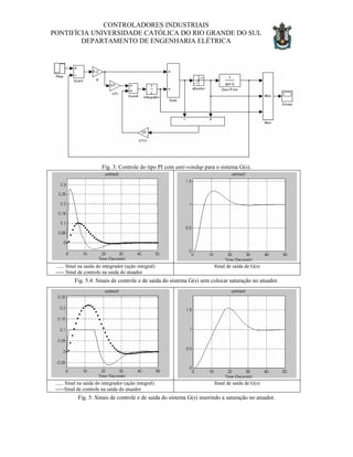 CONTROLADORES INDUSTRIAIS
PONTIFÍCIA UNIVERSIDADE CATÓLICA DO RIO GRANDE DO SUL
DEPARTAMENTO DE ENGENHARIA ELÉTRICA
Fig. 3: Controle do tipo PI com anti-windup para o sistema G(s).
...... Sinal na saida do integrador (ação integral)
----- Sinal de controle na saida do atuador
Sinal de saída de G(s)
Fig. 5.4: Sinais de controle e de saida do sistema G(s) sem colocar saturação no atuador.
...... Sinal na saida do integrador (ação integral)
-----Sinal de controle na saida do atuador
Sinal de saída de G(s)
Fig. 5: Sinais de controle e de saida do sistema G(s) inserindo a saturação no atuador.
 