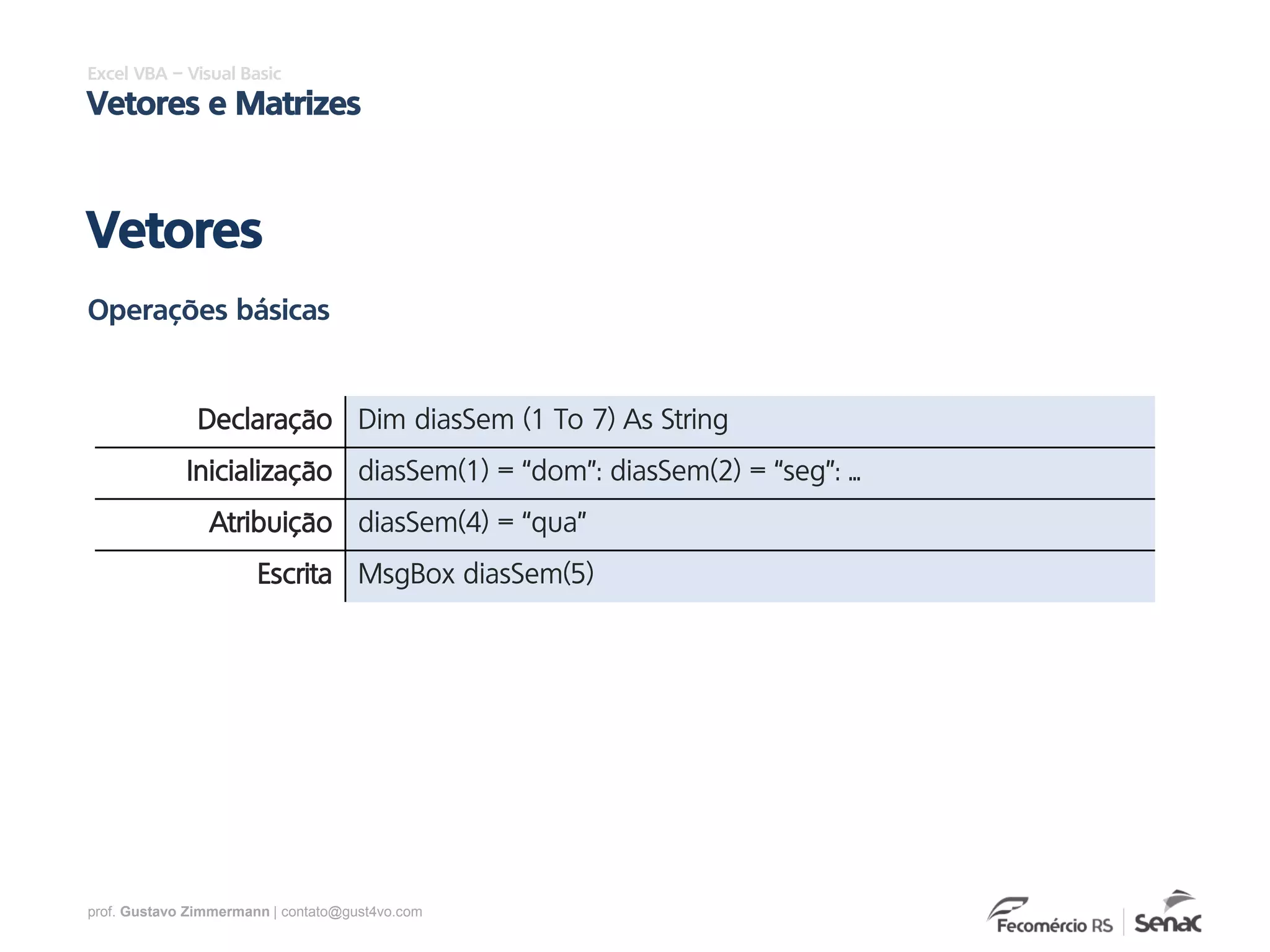 prof. Gustavo Zimmermann | contato@gust4vo.com
Excel VBA – Visual Basic
Vetores e Matrizes
Vetores
Operações básicas
Declaração Dim diasSem (1 To 7) As String
Inicialização diasSem(1) = “dom”: diasSem(2) = “seg”: ...
Atribuição diasSem(4) = “qua”
Escrita MsgBox diasSem(5)
 