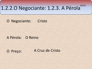 1.2.2.O Negociante: 1.2.3. A Pérola10/14 
O Negociante: 
A Pérola: 
O Preço: 
Cristo 
O Reino 
A Cruz de Cristo 
 
