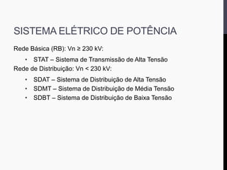 SISTEMA ELÉTRICO DE POTÊNCIA
Rede Básica (RB): Vn ≥ 230 kV:
• STAT – Sistema de Transmissão de Alta Tensão
Rede de Distribuição: Vn < 230 kV:
• SDAT – Sistema de Distribuição de Alta Tensão
• SDMT – Sistema de Distribuição de Média Tensão
• SDBT – Sistema de Distribuição de Baixa Tensão
 
