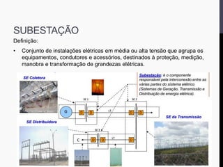 SUBESTAÇÃO
Definição:
• Conjunto de instalações elétricas em média ou alta tensão que agrupa os
equipamentos, condutores e acessórios, destinados à proteção, medição,
manobra e transformação de grandezas elétricas.
 
