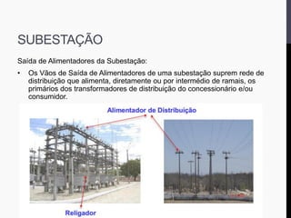 SUBESTAÇÃO
Saída de Alimentadores da Subestação:
• Os Vãos de Saída de Alimentadores de uma subestação suprem rede de
distribuição que alimenta, diretamente ou por intermédio de ramais, os
primários dos transformadores de distribuição do concessionário e/ou
consumidor.
 