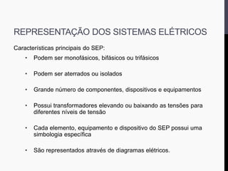 REPRESENTAÇÃO DOS SISTEMAS ELÉTRICOS
Características principais do SEP:
• Podem ser monofásicos, bifásicos ou trifásicos
• Podem ser aterrados ou isolados
• Grande número de componentes, dispositivos e equipamentos
• Possui transformadores elevando ou baixando as tensões para
diferentes níveis de tensão
• Cada elemento, equipamento e dispositivo do SEP possui uma
simbologia específica
• São representados através de diagramas elétricos.
 