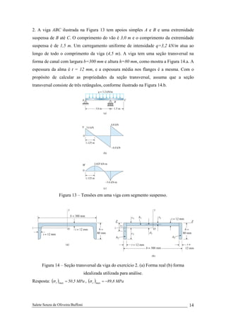 Salete Souza de Oliveira Buffoni 14
2. A viga ABC ilustrada na Figura 13 tem apoios simples A e B e uma extremidade
suspensa de B até C. O comprimento do vão é 3,0 m e o comprimento da extremidade
suspensa é de 1,5 m. Um carregamento uniforme de intensidade q=3,2 kN/m atua ao
longo de todo o comprimento da viga (4,5 m). A viga tem uma seção transversal na
forma de canal com largura b=300 mm e altura h=80 mm, como mostra a Figura 14.a. A
espessura da alma é t = 12 mm, e a espessura média nos flanges é a mesma. Com o
propósito de calcular as propriedades da seção transversal, assuma que a seção
transversal consiste de três retângulos, conforme ilustrado na Figura 14.b.
Figura 13 – Tensões em uma viga com segmento suspenso.
Figura 14 – Seção transversal da viga do exercício 2. (a) Forma real (b) forma
idealizada utilizada para análise.
Resposta: ( ) MPa5,50maxt =σ , ( ) MPa8,89maxc −=σ
 