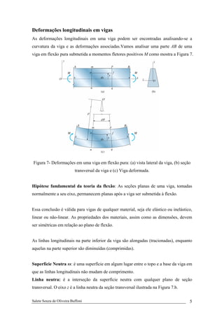 Salete Souza de Oliveira Buffoni 5
Deformações longitudinais em vigas
As deformações longitudinais em uma viga podem ser encontradas analisando-se a
curvatura da viga e as deformações associadas.Vamos analisar uma parte AB de uma
viga em flexão pura submetida a momentos fletores positivos M como mostra a Figura 7.
Figura 7- Deformações em uma viga em flexão pura: (a) vista lateral da viga, (b) seção
transversal da viga e (c) Viga deformada.
Hipótese fundamental da teoria da flexão: As seções planas de uma viga, tomadas
normalmente a seu eixo, permanecem planas após a viga ser submetida à flexão.
Essa conclusão é válida para vigas de qualquer material, seja ele elástico ou inelástico,
linear ou não-linear. As propriedades dos materiais, assim como as dimensões, devem
ser simétricas em relação ao plano de flexão.
As linhas longitudinais na parte inferior da viga são alongadas (tracionadas), enquanto
aquelas na parte superior são diminuídas (comprimidas).
Superfície Neutra ss: é uma superfície em algum lugar entre o topo e a base da viga em
que as linhas longitudinais não mudam de comprimento.
Linha neutra: é a interseção da superfície neutra com qualquer plano de seção
transversal. O eixo z é a linha neutra da seção transversal ilustrada na Figura 7.b.
 