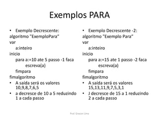Exemplos PARA
• Exemplo Decrescente -2:
algoritmo "Exemplo Para“
var
a:inteiro
inicio
para a:=15 ate 1 passo -2 faca
escreva(a)
fimpara
fimalgoritmo
• A saída será os valores
15,13,11,9,7,5,3,1
• J decresce de 15 a 1 reduzindo
2 a cada passo
• Exemplo Decrescente:
algoritmo "ExemploPara“
var
a:inteiro
inicio
para a:=10 ate 5 passo -1 faca
escreva(a)
fimpara
fimalgoritmo
• A saída será os valores
10,9,8,7,6,5
• a decresce de 10 a 5 reduzindo
1 a cada passo
Prof. Gracon Lima
 