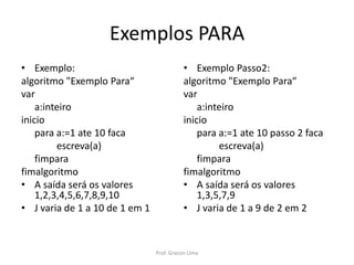 Exemplos PARA
• Exemplo Passo2:
algoritmo "Exemplo Para“
var
a:inteiro
inicio
para a:=1 ate 10 passo 2 faca
escreva(a)
fimpara
fimalgoritmo
• A saída será os valores
1,3,5,7,9
• J varia de 1 a 9 de 2 em 2
• Exemplo:
algoritmo "Exemplo Para“
var
a:inteiro
inicio
para a:=1 ate 10 faca
escreva(a)
fimpara
fimalgoritmo
• A saída será os valores
1,2,3,4,5,6,7,8,9,10
• J varia de 1 a 10 de 1 em 1
Prof. Gracon Lima
 