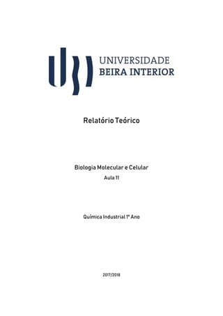 Relatório Teórico
Biologia Molecular e Celular
Aula 11
Química Industrial 1º Ano
2017/2018
 