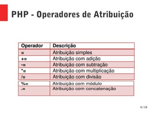 9 / 19
PHP - Operadores de Atribuição
 