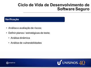 Ciclo de Vida de Desenvolvimento de
Software Seguro
Verificação
• Análise e avaliação de riscos;
• Definir planos / estratégicas de teste;
• Análise dinâmica
• Análise de vulnerabilidades
 