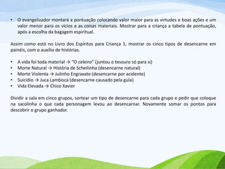 • O evangelizador montará a pontuação colocando valor maior para as virtudes e boas ações e um
valor menor para os vícios e as coisas materiais. Mostrar para a criança a tabela de pontuação,
após a escolha da bagagem espiritual.
Assim como está no Livro dos Espíritos para Criança 1, mostrar os cinco tipos de desencarne em
painéis, com o auxílio de histórias.
• A vida foi toda material → “O celeiro” (juntou o tesouro só para si)
• Morte Natural → História de Scheilinha (desencarne natural)
• Morte Violenta → Julinho Engraxate (desencarne por acidente)
• Suicídio → Juca Lambisca (desencarne causado pela gula)
• Vida Elevada → Chico Xavier
Dividir a sala em cinco grupos, sortear um tipo de desencarne para cada grupo e pedir que coloque
na sacolinha o que cada personagem levou ao desencarnar. Novamente somar os pontos para
descobrir o grupo ganhador.
 