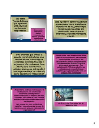 São estes
Traços Culturais                               Não é possível admitir (legitimar)
 que legitimam                                 uma empresa como socialmente
 uma empresa                                   responsável se ela, por exemplo
  socialmente                                     (mesmo que investindo em
                            Cooperação,
  responsável.              participação,        práticas de menor impacto
                               diálogo,        ambiental) se utiliza de trabalho
                           transparência,
                        respeito, igualdade,               infantil.
                            diversidade e
                           solidariedade.




    Uma empresa que pratica o                   Dessa forma, além de se eliminar estas
 assédio moral, ridiculariza seus               práticas discriminatórias, as empresas
   colaboradores, não assegura                     devem analisar e reavaliar o seu
  condições mínimas de saúde e                  recrutamento, seleção, monitoramento
                                                 feito às pessoas, desenvolvimento e
 segurança, discrimina com base                     sistemas de recompensa... Esta
    na cor, raça, classe social,                 estratégia (de RH) deve substituir as
religião, sexo, entre outros,não é                 práticas seculares capitalistas e,
uma empresa tida (e reconhecida)                substituir, por ações (filosofia) com um
                                                       enfoque mais humanizado.
 como socialmente responsável.




  Do contrário, pode-se incorrer, como é
       muito comum, em um discurso
        incoerente com as práticas
 institucionalizadas na empresa. Ou seja,
  corre-se o risco de se ter uma conduta
 apartada dos compromissos assumidos
               (verbalmente).
      Isto porque, um bom ambiente de             AÇÃO ESTRATÉGICAS DE RH NO
   trabalho é essencial para a atração de               CAMPO DA RSE.
  talentos, como, também, maior retorno
               organizacional.




                                                                                           3
 