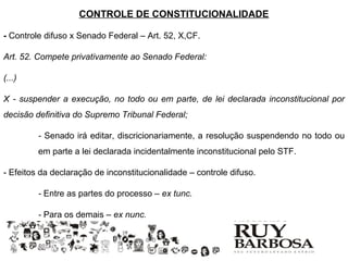 CONTROLE DE CONSTITUCIONALIDADE

- Controle difuso x Senado Federal – Art. 52, X,CF.

Art. 52. Compete privativamente ao Senado Federal:

(...)

X - suspender a execução, no todo ou em parte, de lei declarada inconstitucional por
decisão definitiva do Supremo Tribunal Federal;

         - Senado irá editar, discricionariamente, a resolução suspendendo no todo ou
         em parte a lei declarada incidentalmente inconstitucional pelo STF.

- Efeitos da declaração de inconstitucionalidade – controle difuso.

         - Entre as partes do processo – ex tunc.

         - Para os demais – ex nunc.
 