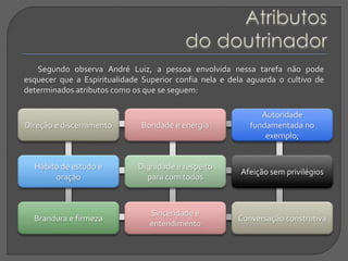 Segundo observa André Luiz, a pessoa envolvida nessa tarefa não pode
esquecer que a Espiritualidade Superior confia nela e dela aguarda o cultivo de
determinados atributos como os que se seguem:
Direção e discernimento Bondade e energia
Autoridade
fundamentada no
exemplo;
Hábito de estudo e
oração
Dignidade e respeito
para com todos
Afeição sem privilégios
Brandura e firmeza Conversação construtiva
Sinceridade e
entendimento
 