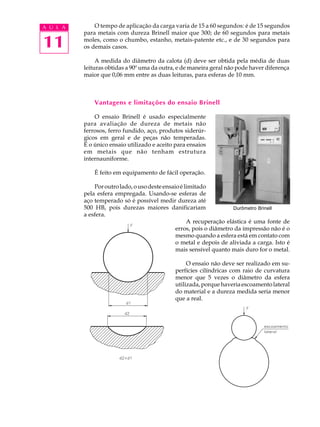 A U L A       O tempo de aplicação da carga varia de 15 a 60 segundos: é de 15 segundos
          para metais com dureza Brinell maior que 300; de 60 segundos para metais

11        moles, como o chumbo, estanho, metais-patente etc., e de 30 segundos para
          os demais casos.

               A medida do diâmetro da calota (d) deve ser obtida pela média de duas
          leituras obtidas a 90º uma da outra, e de maneira geral não pode haver diferença
          maior que 0,06 mm entre as duas leituras, para esferas de 10 mm.



              Vantagens e limitações do ensaio Brinell

              O ensaio Brinell é usado especialmente
          para avaliação de dureza de metais não
          ferrosos, ferro fundido, aço, produtos siderúr-
          gicos em geral e de peças não temperadas.
          É o único ensaio utilizado e aceito para ensaios
          em metais que não tenham estrutura
          internauniforme.

              É feito em equipamento de fácil operação.

              Por outro lado, o uso deste ensaio é limitado
          pela esfera empregada. Usando-se esferas de
          aço temperado só é possível medir dureza até
          500 HB, pois durezas maiores danificariam                  Durômetro Brinell
          a esfera.
                                                    A recuperação elástica é uma fonte de
                                               erros, pois o diâmetro da impressão não é o
                                               mesmo quando a esfera está em contato com
                                               o metal e depois de aliviada a carga. Isto é
                                               mais sensível quanto mais duro for o metal.

                                                  O ensaio não deve ser realizado em su-
                                             perfícies cilíndricas com raio de curvatura
                                             menor que 5 vezes o diâmetro da esfera
                                             utilizada, porque haveria escoamento lateral
                                             do material e a dureza medida seria menor
                                             que a real.
 