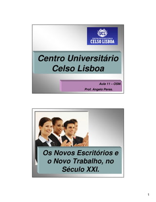 Centro Universitário
   Celso Lisboa
                      Aula 11 – OSM.
             Prof. Angelo Peres.




 Os Novos Escritórios e
  o Novo Trabalho, no
      Século XXI.


                                       1
 