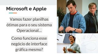Microsoft e Apple
Vamos fazer planilhas
ótimas para o seu sistema
Operacional…
Como funciona esse
negócio de interface
gráfica mesmo?
 
