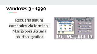 Windows 3 - 1990
Requeria alguns
comandos via terminal.
Mas ja possuia uma
interface gráfica.
 