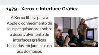 1979 - Xerox e Interface Gráfica
A Xerox libera para a
Apple o conhecimento de
seus pesquisadores sobre
o desenvolvimento de
interfaces gráficas
baseadas em janelas e no
uso do mouse.
 