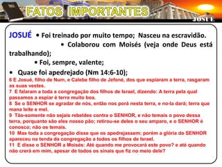 JOSUÉ • Foi treinado por muito tempo; Nasceu na escravidão.
• Colaborou com Moisés (veja onde Deus está
trabalhando);
• Foi, sempre, valente;
• Quase foi apedrejado (Nm 14:6-10);
6 E Josué, filho de Num, e Calebe filho de Jefoné, dos que espiaram a terra, rasgaram
as suas vestes.
7 E falaram a toda a congregação dos filhos de Israel, dizendo: A terra pela qual
passamos a espiar é terra muito boa.
8 Se o SENHOR se agradar de nós, então nos porá nesta terra, e no-la dará; terra que
mana leite e mel.
9 Tão-somente não sejais rebeldes contra o SENHOR, e não temais o povo dessa
terra, porquanto são eles nosso pão; retirou-se deles o seu amparo, e o SENHOR é
conosco; não os temais.
10 Mas toda a congregação disse que os apedrejassem; porém a glória do SENHOR
apareceu na tenda da congregação a todos os filhos de Israel.
11 E disse o SENHOR a Moisés: Até quando me provocará este povo? e até quando
não crerá em mim, apesar de todos os sinais que fiz no meio dele?
JOSUÉJOSUÉ
 