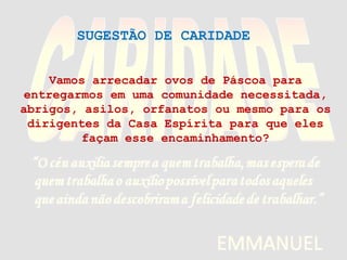 Vamos arrecadar ovos de Páscoa para
entregarmos em uma comunidade necessitada,
abrigos, asilos, orfanatos ou mesmo para os
dirigentes da Casa Espírita para que eles
façam esse encaminhamento?
SUGESTÃO DE CARIDADE
 