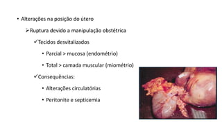 • Alterações na posição do útero
Ruptura devido a manipulação obstétrica
Tecidos desvitalizados
• Parcial > mucosa (endométrio)
• Total > camada muscular (miométrio)
Consequências:
• Alterações circulatórias
• Peritonite e septicemia
 