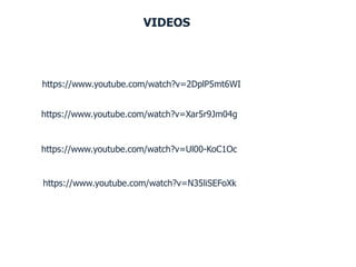 VIDEOS
https://www.youtube.com/watch?v=2DplP5mt6WI
https://www.youtube.com/watch?v=Xar5r9Jm04g
https://www.youtube.com/watch?v=Ul00-KoC1Oc
https://www.youtube.com/watch?v=N35liSEFoXk
 