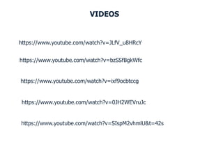 VIDEOS
https://www.youtube.com/watch?v=JLfV_u8HRcY
https://www.youtube.com/watch?v=ixf9ocbtccg
https://www.youtube.com/watch?v=bzSSfBgkWfc
https://www.youtube.com/watch?v=0JH2WEVruJc
https://www.youtube.com/watch?v=SIspM2vhmlU&t=42s
 