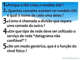 1.Porque a ISO criou o modelo OSI ?
2.Quantas camadas existem no modelo OSI
e qual o nome de cada uma delas ?
3.Como é chamada a divisão que separa
uma camada da outra ?
4.Em que tipo de rede deve ser utilizado o
serviço de rede “datagrama não
confiável” ?
5.De um modo genérico, que é a função do
nível físico ?
Prof.ª Camila do Nascimento Seixas
 