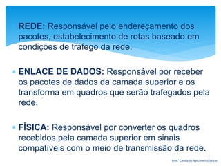 REDE: Responsável pelo endereçamento dos
pacotes, estabelecimento de rotas baseado em
condições de tráfego da rede.
 ENLACE DE DADOS: Responsável por receber
os pacotes de dados da camada superior e os
transforma em quadros que serão trafegados pela
rede.
 FÍSICA: Responsável por converter os quadros
recebidos pela camada superior em sinais
compatíveis com o meio de transmissão da rede.
Prof.ª Camila do Nascimento Seixas
 