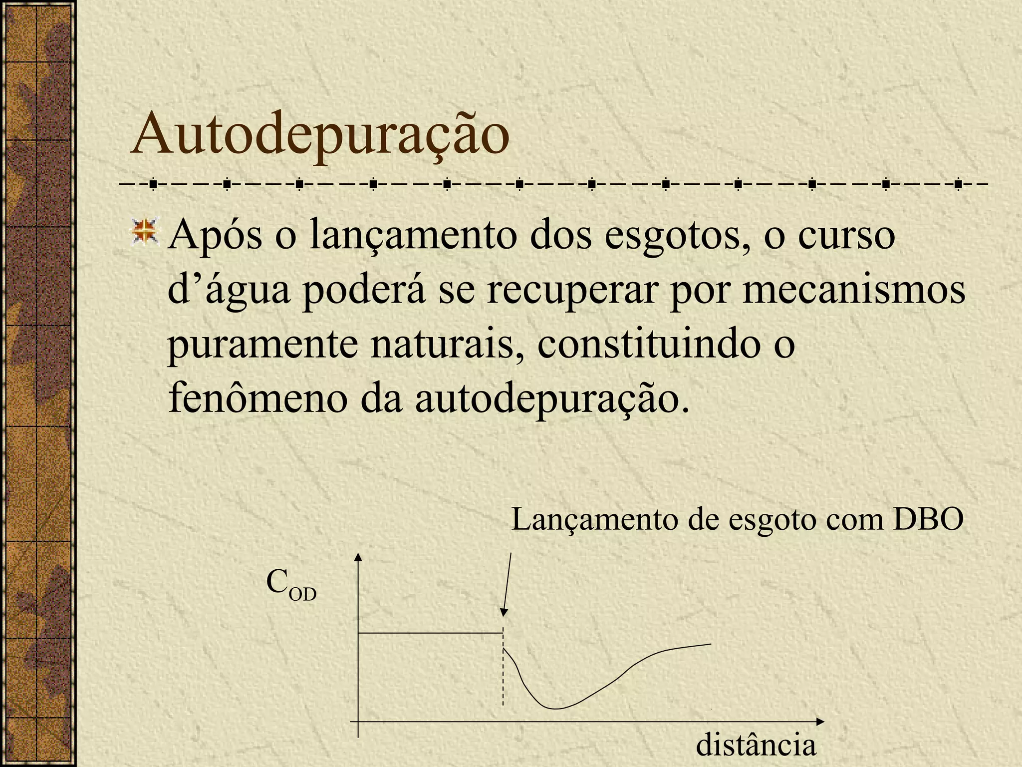 Autodepuração
 Após o lançamento dos esgotos, o curso
 d’água poderá se recuperar por mecanismos
 puramente naturais, constituindo o
 fenômeno da autodepuração.

                  Lançamento de esgoto com DBO
      COD



                             distância
 