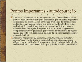 Pontos importantes - autodepuração
 Utilizar a capacidade de assimilação dos rios. Dentro de uma visão
 prática, pode-se considerar que a capacidade que um corpo d'água tem
 de assimilar os despejos, sem apresentar problemas do ponto de vista
 ambiental, é um recurso natural que pode ser explorado. Esta visão
 realística é de grande importância em nossas condições, em que a
 carência de recursos justifica que se utilize os cursos d'água como
 complementação dos processos que ocorrem no tratamento de esgotos
 (desde que feito com parsimônia e dentro de critérios técnicos seguros
 e bem definidos).
 Impedir o lançamento de despejos acima do que possa suportar o
 corpo d'água. Desta forma, a capacidade de assimilação do corpo
 d'água pode ser utilizada até um ponto aceitável e não prejudicial, não
 sendo admitido o lançamento de cargas poluidoras acima deste limite.
 