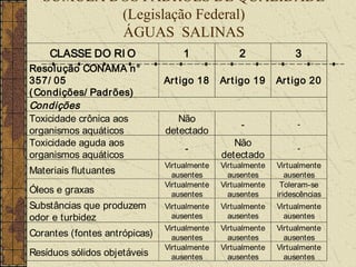 SÚMULA DOS PADRÕES DE QUALIDADE
           (Legislação Federal)
           ÁGUAS SALINAS
    CLASSE DO RI O                  1              2              3
Resolução CONAMA n°
357/ 05                        Art igo 18     Ar t igo 19    Ar t igo 20
( Condições/ Padrões)
Condições
Toxicidade crônica aos            Não
                                                   -               -
organismos aquáticos           detectado
Toxicidade aguda aos                             Não
                                    -                              -
organismos aquáticos                          detectado
                               Virtualmente   Virtualmente   Virtualmente
Materiais flutuantes             ausentes       ausentes        ausentes
                               Virtualmente   Virtualmente    Toleram-se
Óleos e graxas                   ausentes       ausentes     iridescências
Substâncias que produzem       Virtualmente   Virtualmente   Virtualmente
odor e turbidez                  ausentes       ausentes       ausentes
                               Virtualmente   Virtualmente   Virtualmente
Corantes (fontes antrópicas)     ausentes       ausentes       ausentes
                               Virtualmente   Virtualmente   Virtualmente
Resíduos sólidos objetáveis      ausentes       ausentes       ausentes
 