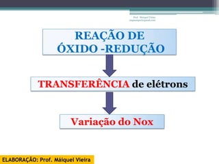 Prof. Maiquel Vieira
                                   engmaiquel@gmail.com




                     REAÇÃO DE
                   ÓXIDO -REDUÇÃO


            TRANSFERÊNCIA de elétrons


                        Variação do Nox


ELABORAÇÃO: Prof. Máiquel Vieira
 