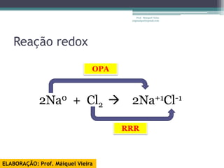 Prof. Maiquel Vieira
                                      engmaiquel@gmail.com




   Reação redox

                               OPA



             2Na0 + Cl2  2Na+1Cl-1

                                     RRR



ELABORAÇÃO: Prof. Máiquel Vieira
 