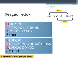 Prof. Maiquel Vieira
                                   engmaiquel@gmail.com




   Reação redox

     OXIDAÇÃO
     PERDA DE ELÉTRONS
     AUMETO DO NOX
     ÂNODO
     REDUÇÃO
     RECEBIMENTO DE ELÉTRONS
     REDUÇÃO DO NOX
     CÁTODO
ELABORAÇÃO: Prof. Máiquel Vieira
 