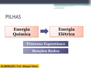 Prof. Maiquel Vieira
                                     engmaiquel@gmail.com




   PILHAS

          Energia                             Energia
          Química                             Elétrica

                      Processo Espontâneo

                           Reações Redox



ELABORAÇÃO: Prof. Máiquel Vieira
 