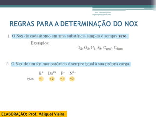 Prof. Maiquel Vieira
                                   engmaiquel@gmail.com




   REGRAS PARA A DETERMINAÇÃO DO NOX




ELABORAÇÃO: Prof. Máiquel Vieira
 