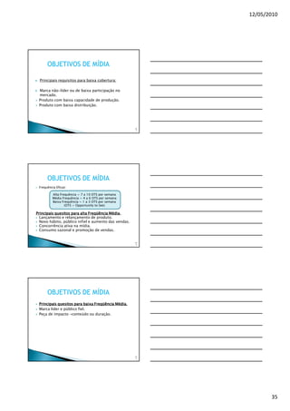 12/05/2010




      OBJETIVOS DE MÍDIA

  Principais requisitos para baixa cobertura:

 Marca não-líder ou de baixa participação no
 mercado.
 Produto com baixa capacidade de produção.
 Produto com baixa distribuição.




                                                      10
                                                       3




      OBJETIVOS DE MÍDIA
 Frequência Eficaz:

         Alta Frequência = 7 a 10 OTS por semana
         Média Frequência = 4 a 6 OTS por semana
         Baixa Frequência = 1 a 3 OTS por semana
                 (OTS = Opportunity to See)

                                         Média.
Principais quesitos para alta Freqüência Média.
  Lançamento e relançamento de produto.
  Novo hábito, público infiel e aumento das vendas.
  Concorrência ativa na mídia.
  Consumo sazonal e promoção de vendas.


                                                      10
                                                       4




      OBJETIVOS DE MÍDIA
 Principais quesitos para baixa Freqüência Média.
 Marca líder e público fiel.
 Peça de impacto –conteúdo ou duração.




                                                      10
                                                       5




                                                                  35
 