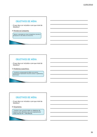12/05/2010




      OBJETIVOS DE MÍDIA
 O que deve ser incluído e com que nível de
 Detalhes?

4) Período da Campanha:

  Manter a veiculação em níveis competitivos durante o
 período de 01/06/2009 a 05/08/2010.




                                                            10
                                                             6




      OBJETIVOS DE MÍDIA
 O que deve ser incluído e com que nível de
 Detalhes?

5) Problemas específicos:

  Coordenar a programação de Mídia com eventos
 promocionais importantes (encartes avulsos e suplementos
 dominicais).




                                                            10
                                                             7




      OBJETIVOS DE MÍDIA
 O que deve ser incluído e com que nível de
 Detalhes?

6) Orçamento:

  Concluir com sucesso todos os objetivos da
 maneira mais eficiente com um orçamento de
 mídia total de R$ 1.500.000,00.



                                                            10
                                                             8




                                                                        36
 