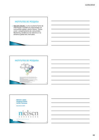 12/05/2010




 INSTITUTOS DE PESQUISA
NIELSEN ONLINE: é uma excelente fonte de
informação e tendências relacionadas ao
consumidor global, atual e futuro. Temas
como: comportamento do consumidor,
Marketing, tendências da indústria e na
dinâmica global dos mercados.




                                           14
                                            2




 INSTITUTOS DE PESQUISA




                                           14
                                            3




                                           14
                                            4




                                                       48
 