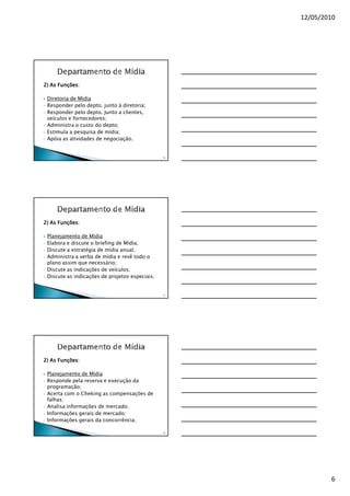 12/05/2010




2) As Funções:

    Diretoria de Mídia
•   Responder pelo depto. junto à diretoria;
•   Responder pelo depto. Junto a clientes,
    veículos e fornecedores;
•   Administra o custo do depto;
•   Estimula a pesquisa de mídia;
•   Apóia as atividades de negociação.


                                                   16




2) As Funções:

    Planejamento de Mídia
•   Elabora e discute o briefing de Mídia;
•   Discute a estratégia de mídia anual;
•   Administra a verba de mídia e revê todo o
    plano assim que necessário;
•   Discute as indicações de veículos;
•   Discute as indicações de projetos especiais;


                                                   17




2) As Funções:

    Planejamento de Mídia
•   Responde pela reserva e execução da
    programação;
•   Acerta com o Cheking as compensações de
    falhas;
•   Analisa informações de mercado;
•   Informações gerais de mercado;
•   Informações gerais da concorrência;

                                                   18




                                                                6
 
