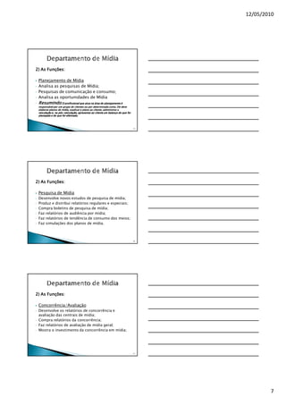 12/05/2010




2) As Funções:

    Planejamento de Mídia
•   Analisa as pesquisas de Mídia;
•   Pesquisas de comunicação e consumo;
•   Analisa as oportunidades de Mídia
•   Resumindo:          O profissional que atua na área de planejamento é
    responsável por um grupo de clientes ou por determinada conta. Ele deve
                                                               conta.
    elaborar planos de mídia, explicar o plano ao cliente, administrar a
                       mídia,                     cliente,
    veiculação e, na pós-veiculação, apresentar ao cliente um balanço do que foi
                     pós-veiculação,
    planejado e do que foi efetivado.
                           efetivado.



                                                                                   19




2) As Funções:

    Pesquisa de Mídia
•   Desenvolve novos estudos de pesquisa de mídia;
•   Produz e distribui relatórios regulares e especiais;
•   Compra boletins de pesquisa de mídia;
•   Faz relatórios de audiência por mídia;
•   Faz relatórios de tendência de consumo dos meios;
•   Faz simulações dos planos de mídia.



                                                                                   20




2) As Funções:

    Concorrência/Avaliação
•   Desenvolve os relatórios de concorrência e
    avaliação das centrais de mídia;
•   Compra relatórios da concorrência;
•   Faz relatórios de avaliação de mídia geral;
•   Mostra o investimento da concorrência em mídia;




                                                                                   21




                                                                                                7
 