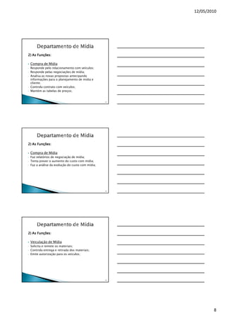 12/05/2010




2) As Funções:

    Compra de Mídia
•   Responde pelo relacionamento com veículos;
•   Responde pelas negociações de mídia;
•   Analisa as novas propostas antecipando
    informações para o planejamento de mídia e
    cliente;
•   Controla contrato com veículos;
•   Mantém as tabelas de preços;


                                                    22




2) As Funções:

    Compra de Mídia
•   Faz relatórios de negociação de mídia;
•   Tenta prever o aumento do custo com mídia;
•   Faz a análise da evolução do custo com mídia;




                                                    23




2) As Funções:

    Veiculação de Mídia
•   Solicita e remete os materiais;
•   Controla entrega e retirada dos materiais;
•   Emite autorização para os veículos;




                                                    24




                                                                 8
 