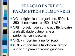RELAÇÃO ENTRE OS
    PARÂMETROS PULMONARES
s   VC - exigência do organismo, 500 ml,
    350 ml no alvéolo e 150 ml VAS.
s   VRI - relacionado com o equilíbrio entre
    a elasticidade pulmonar e a
    performance muscular.
s   VRE - importância na fonação.
s   CRF - importância fisiológica, tempo
    suficiente para as trocas gasosas.
 