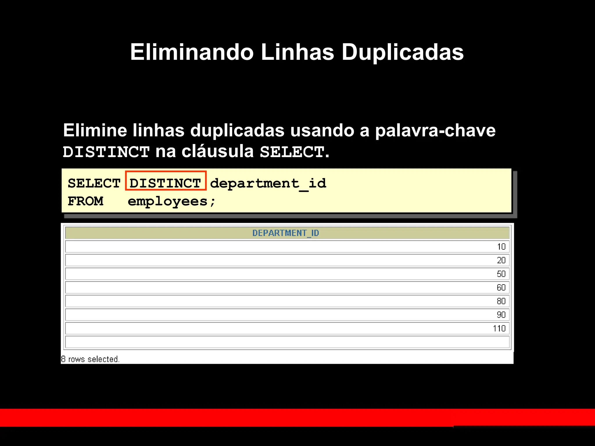Eliminando Linhas Duplicadas
Elimine linhas duplicadas usando a palavra-chave
DISTINCT na cláusula SELECT.
SELECT DISTINCT department_id
FROM employees;
 