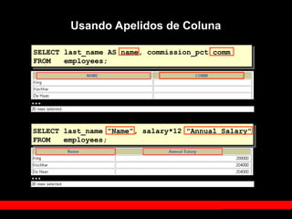 Usando Apelidos de Coluna
SELECT last_name "Name", salary*12 "Annual Salary"
FROM employees;
SELECT last_name AS name, commission_pct comm
FROM employees;
…
…
 